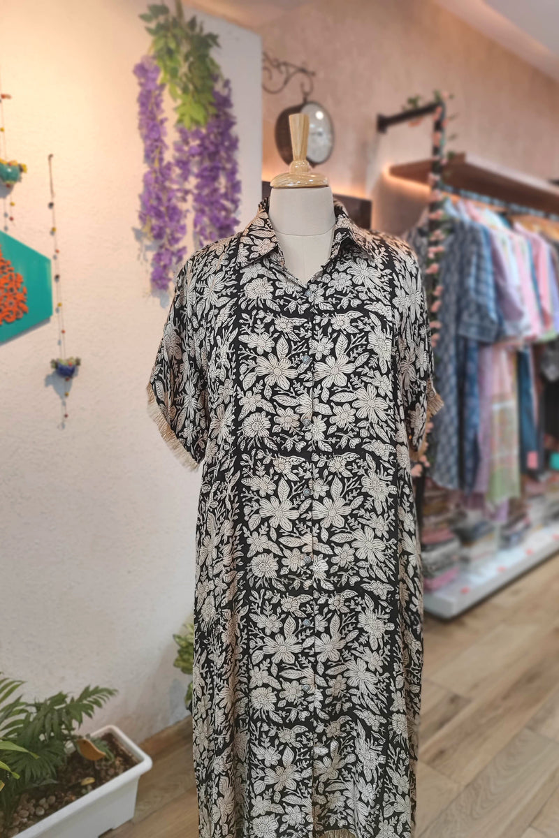 Black Modal Kurta with Cotton Pant Set – Floral Print