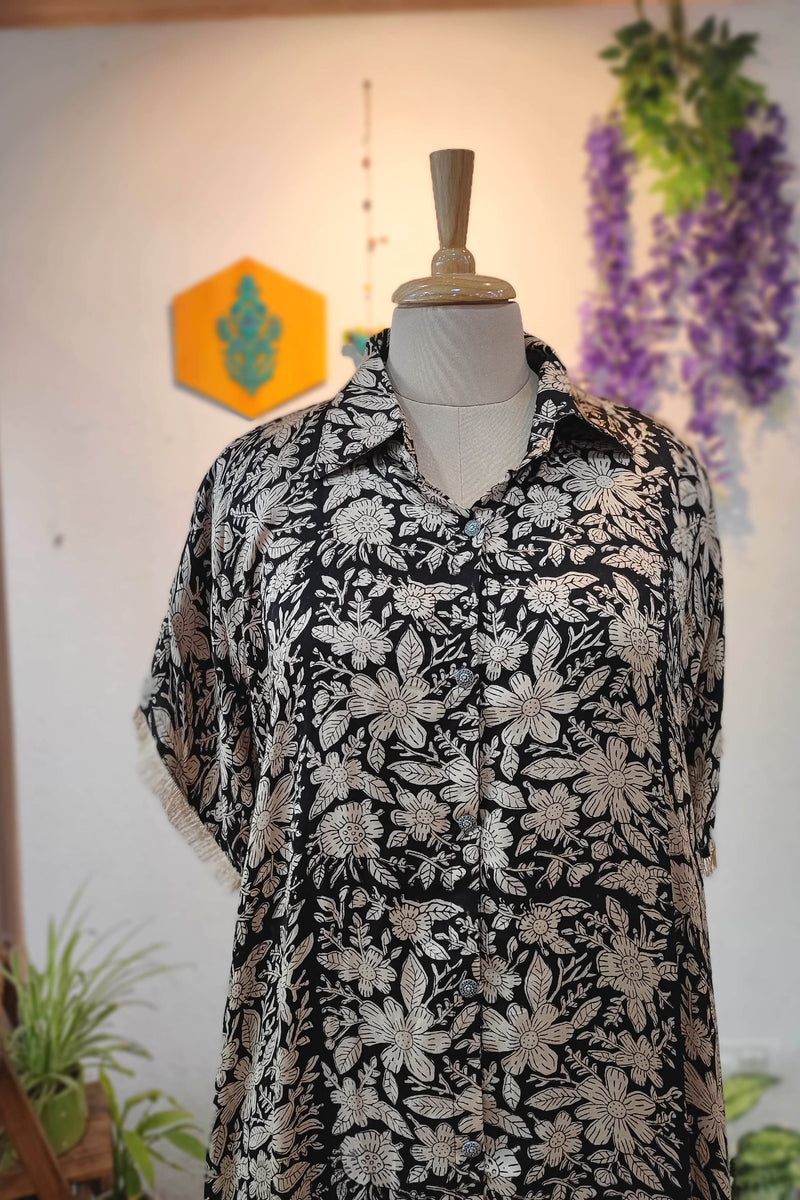 Black Modal Kurta with Cotton Pant Set – Floral Print
