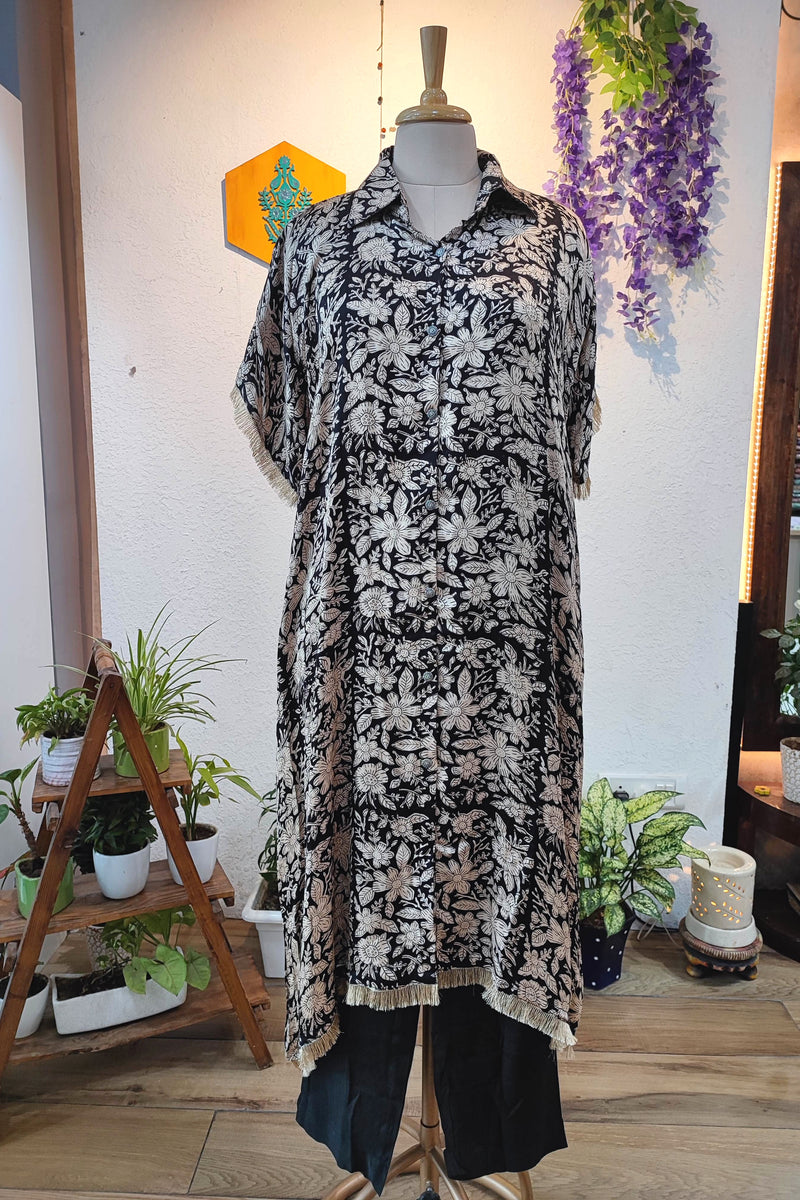 Black Modal Kurta with Cotton Pant Set – Floral Print