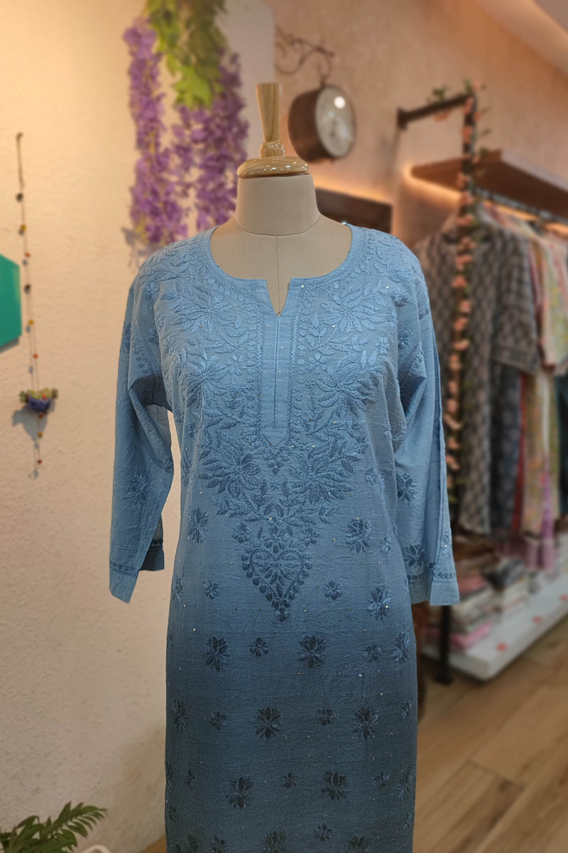 Dual Tone Blue Chanderi Silk by Cotton Lucknowi Embroidered Kurta – Modern Elegant Look