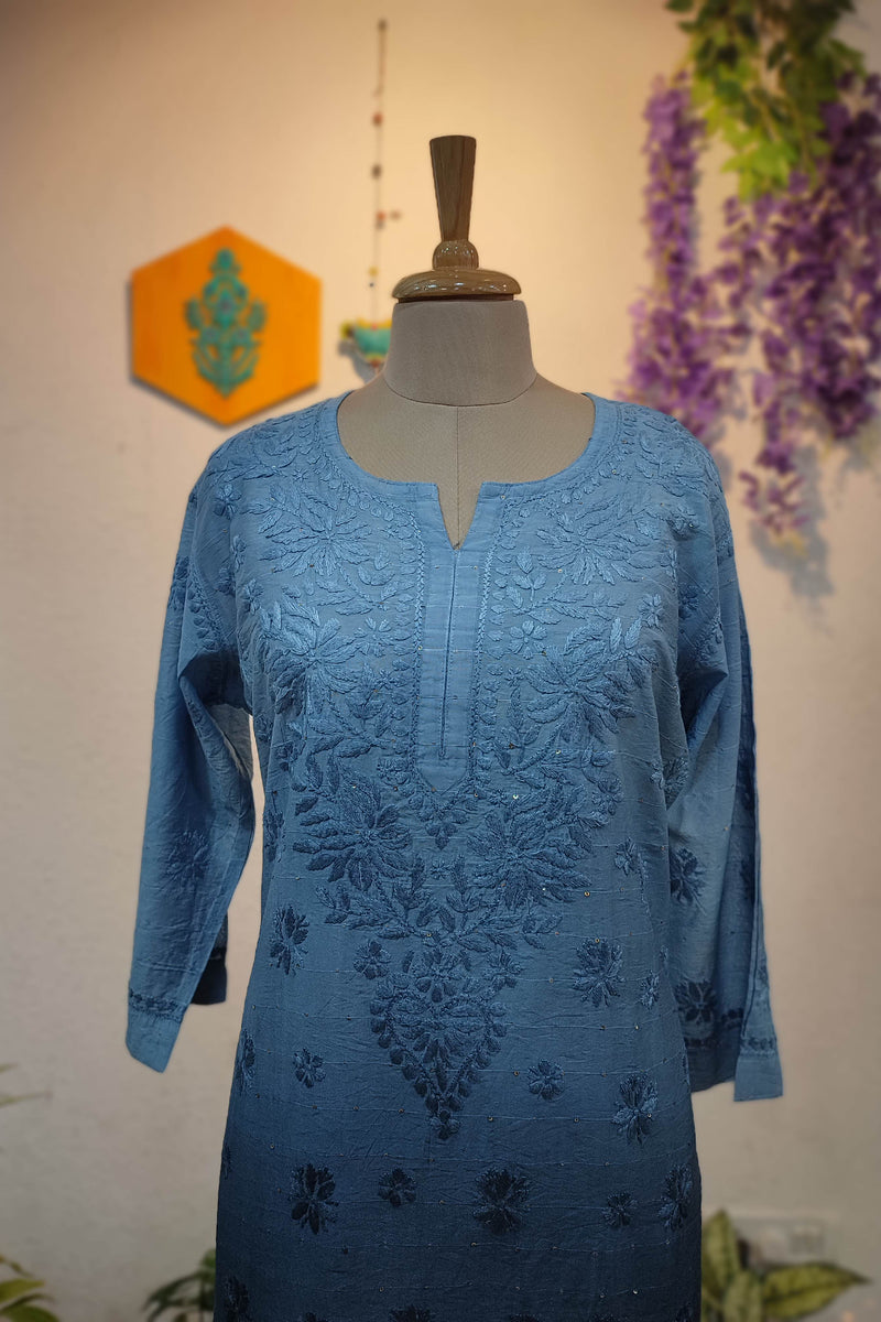 Dual Tone Blue Chanderi Silk by Cotton Lucknowi Embroidered Kurta – Modern Elegant Look