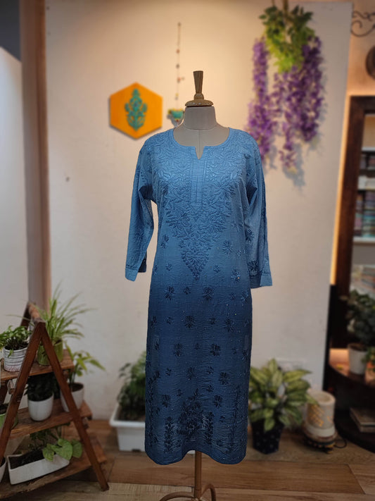 Dual Tone Blue Chanderi Silk by Cotton Lucknowi Embroidered Kurta – Modern Elegant Look