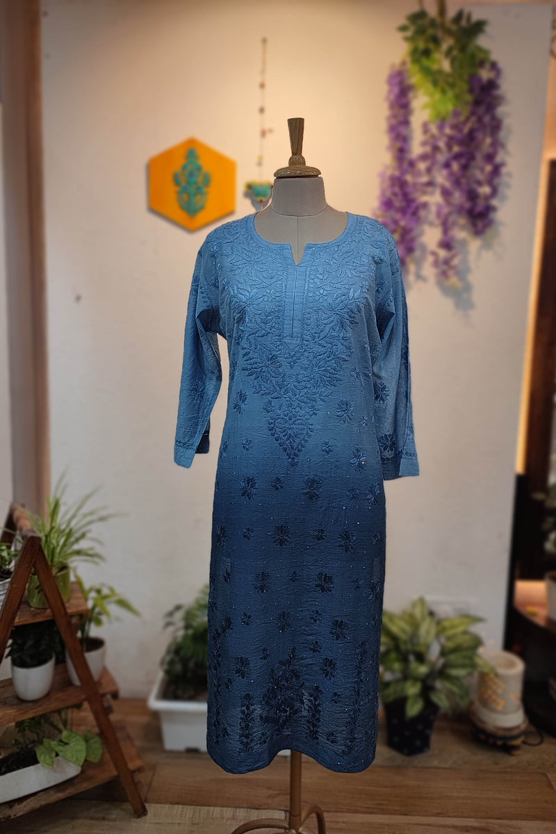 Dual Tone Blue Chanderi Silk by Cotton Lucknowi Embroidered Kurta – Modern Elegant Look