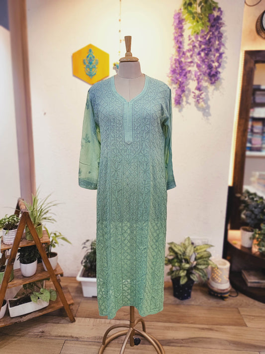 Mint Green jorjet Lucknowi Kurta with Full Embroidery – Elegant Ethnic Wear