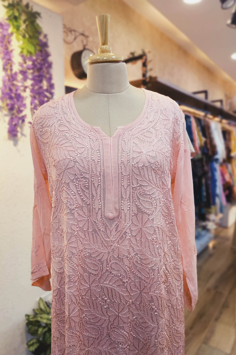 Soft Blush Pink Georgette Silk by Cotton Lucknowi Embroidered Kurta – Elegant Statement Piece