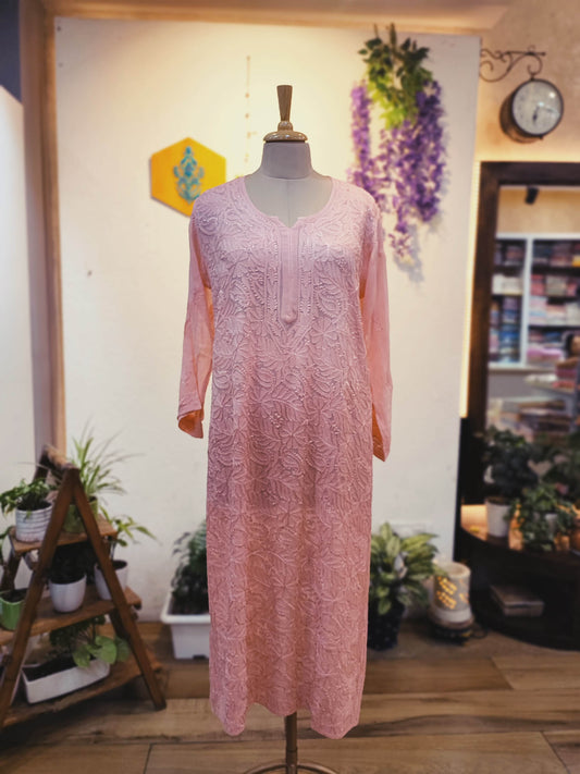 Soft Blush Pink jorjet Silk by Cotton Lucknowi Embroidered Kurta – Elegant Statement Piece