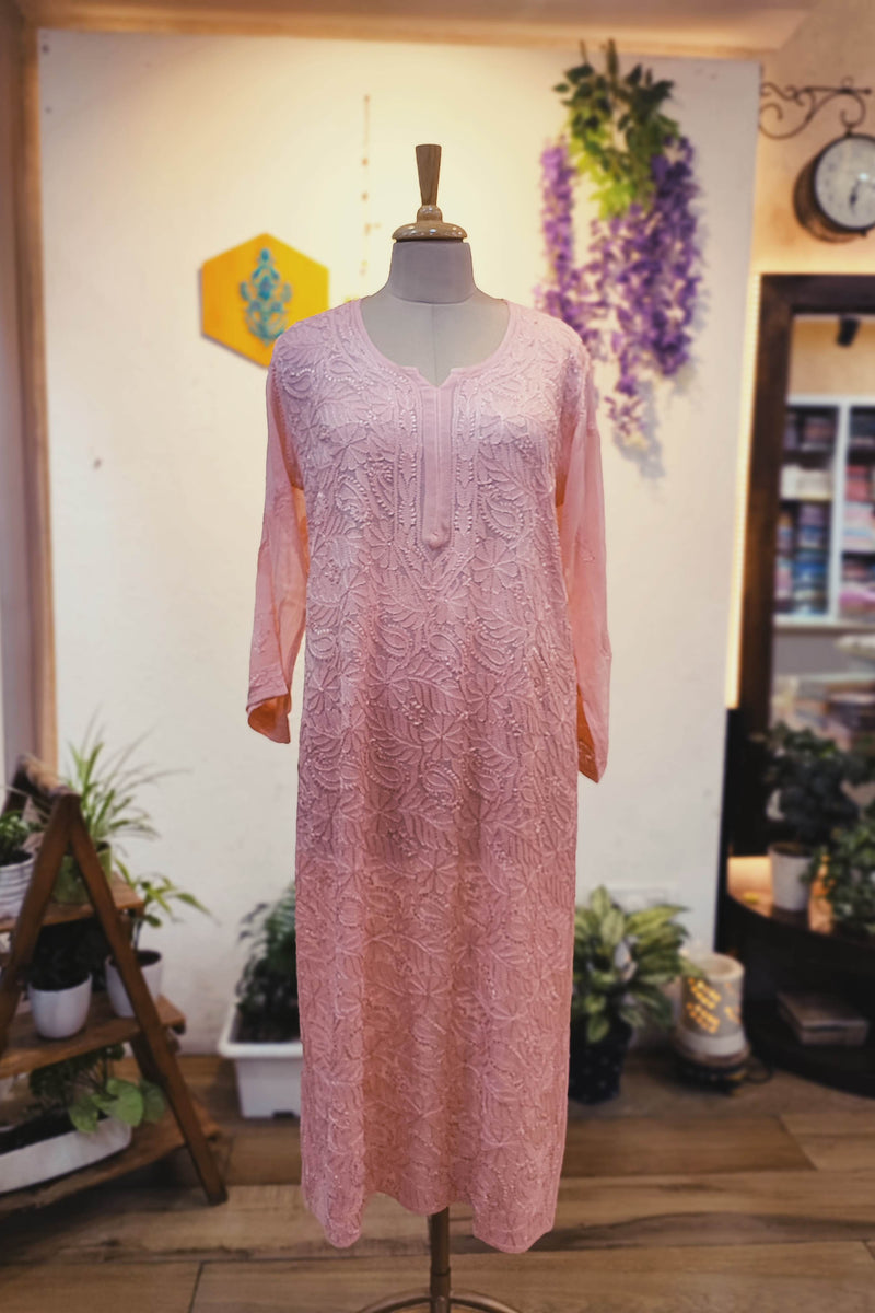Soft Blush Pink Georgette Silk by Cotton Lucknowi Embroidered Kurta – Elegant Statement Piece