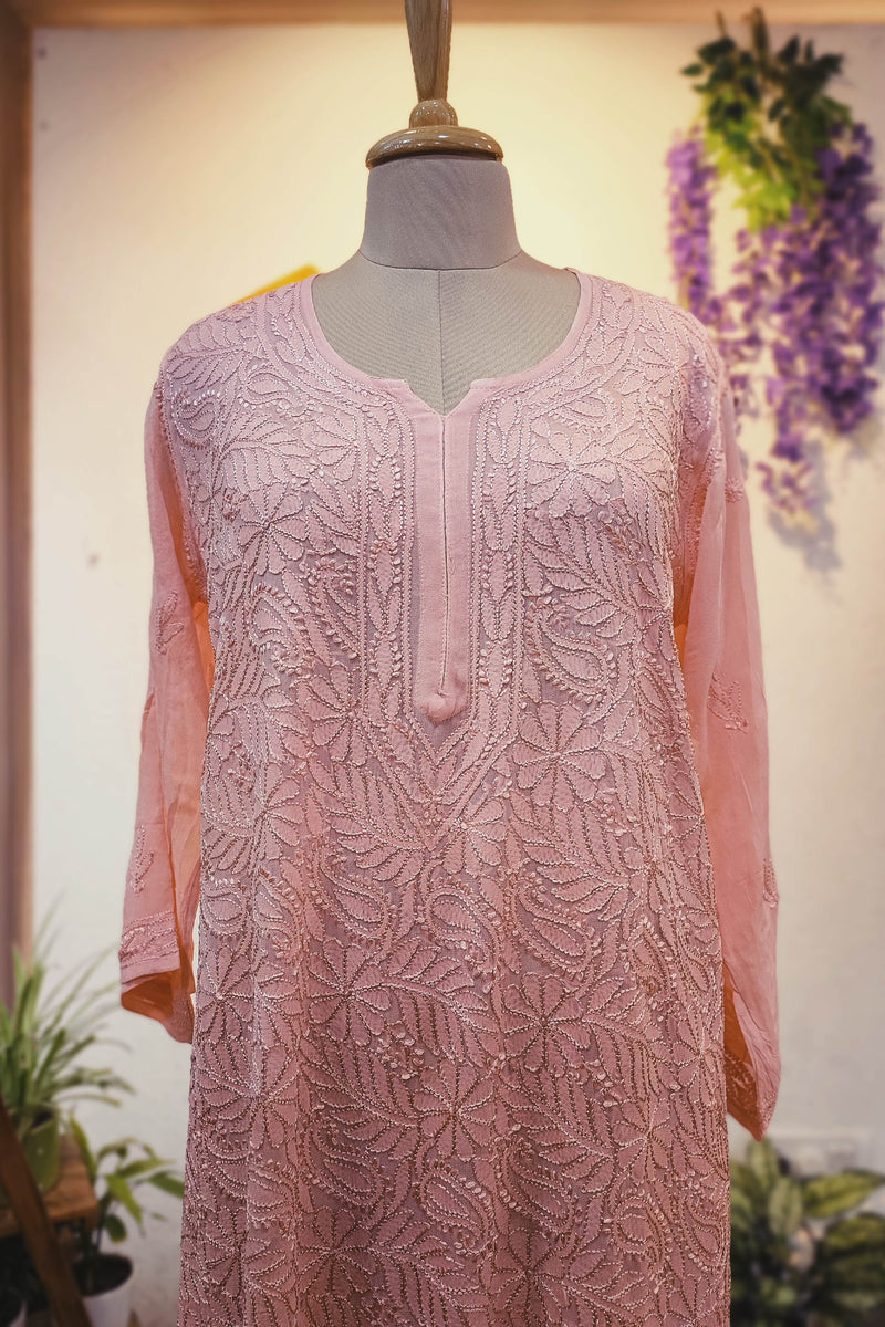 Soft Blush Pink Georgette Silk by Cotton Lucknowi Embroidered Kurta – Elegant Statement Piece