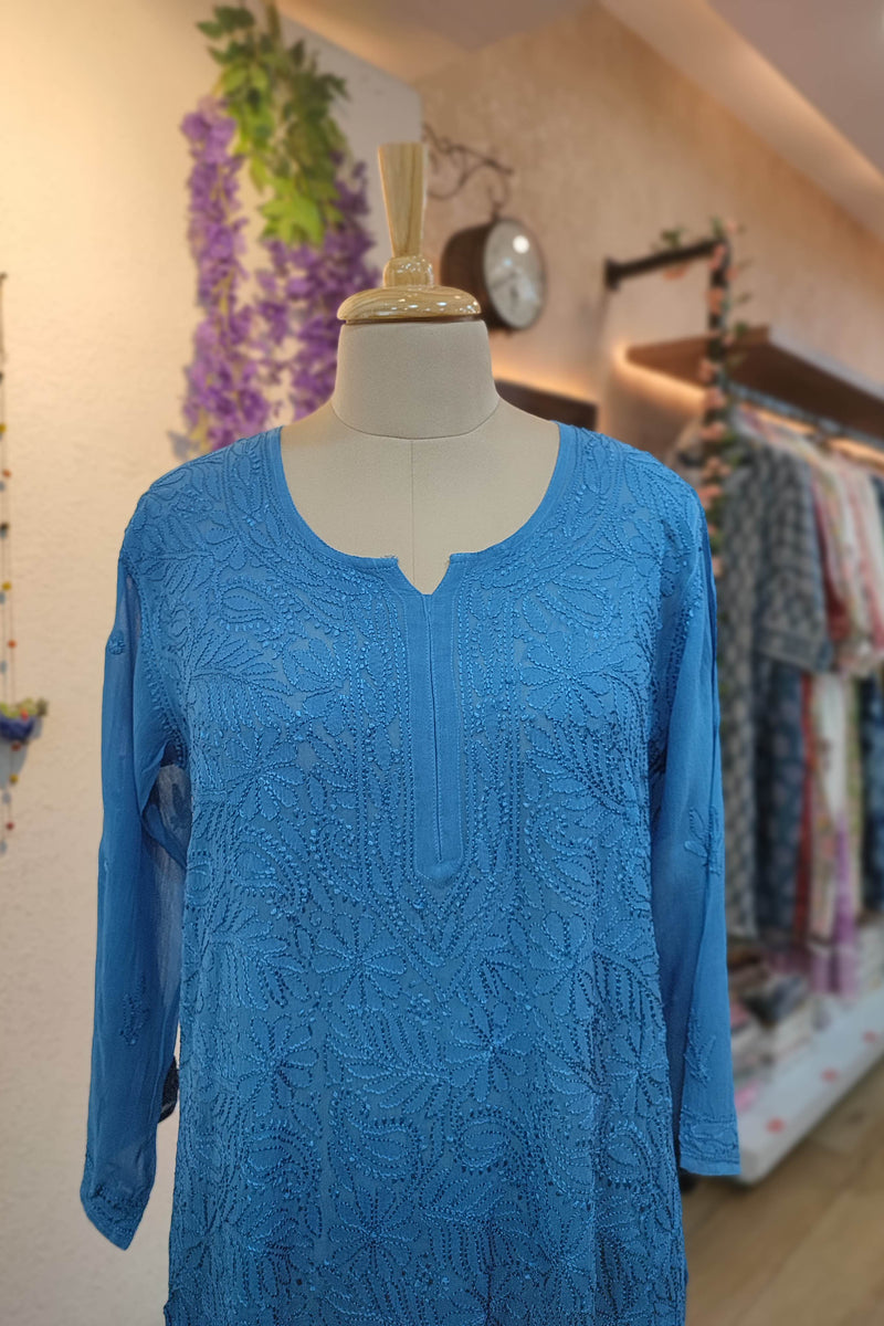 Royal Blue Georgette Silk by Cotton Lucknowi Embroidered Kurta – Statement Elegance