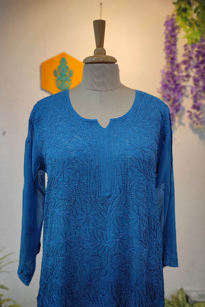 Royal Blue Georgette Silk by Cotton Lucknowi Embroidered Kurta – Statement Elegance