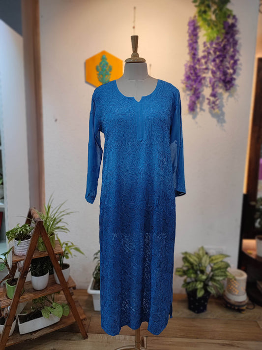 Royal Blue jorjet Silk by Cotton Lucknowi Embroidered Kurta – Statement Elegance