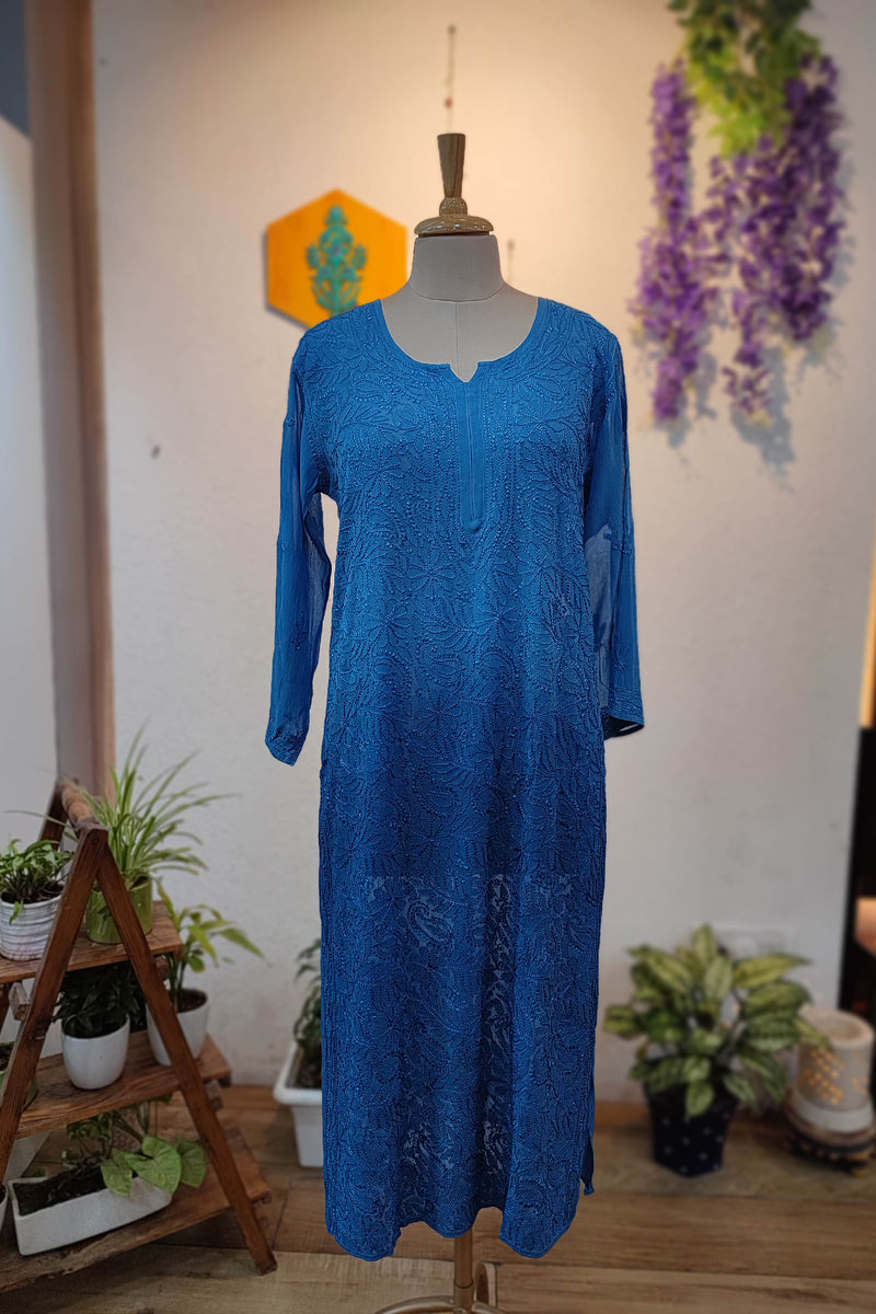 Royal Blue Georgette Silk by Cotton Lucknowi Embroidered Kurta – Statement Elegance