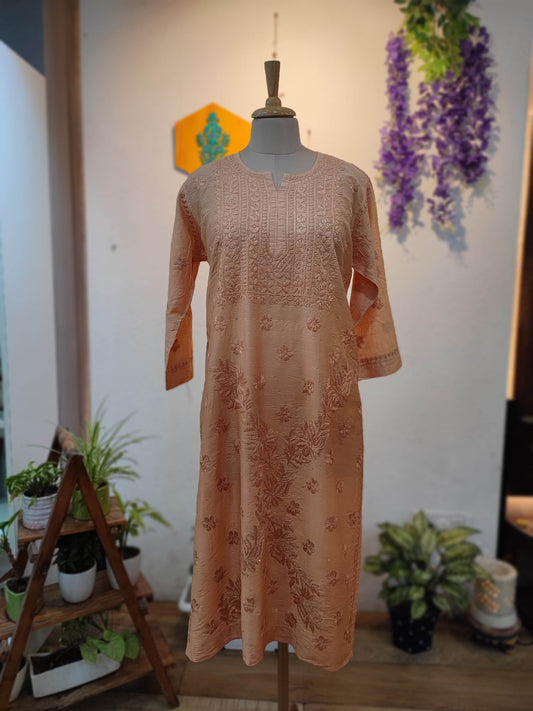 Warm Peach Chanderi Silk by Cotton Lucknowi Embroidered Kurta – Elegant Daily Luxe
