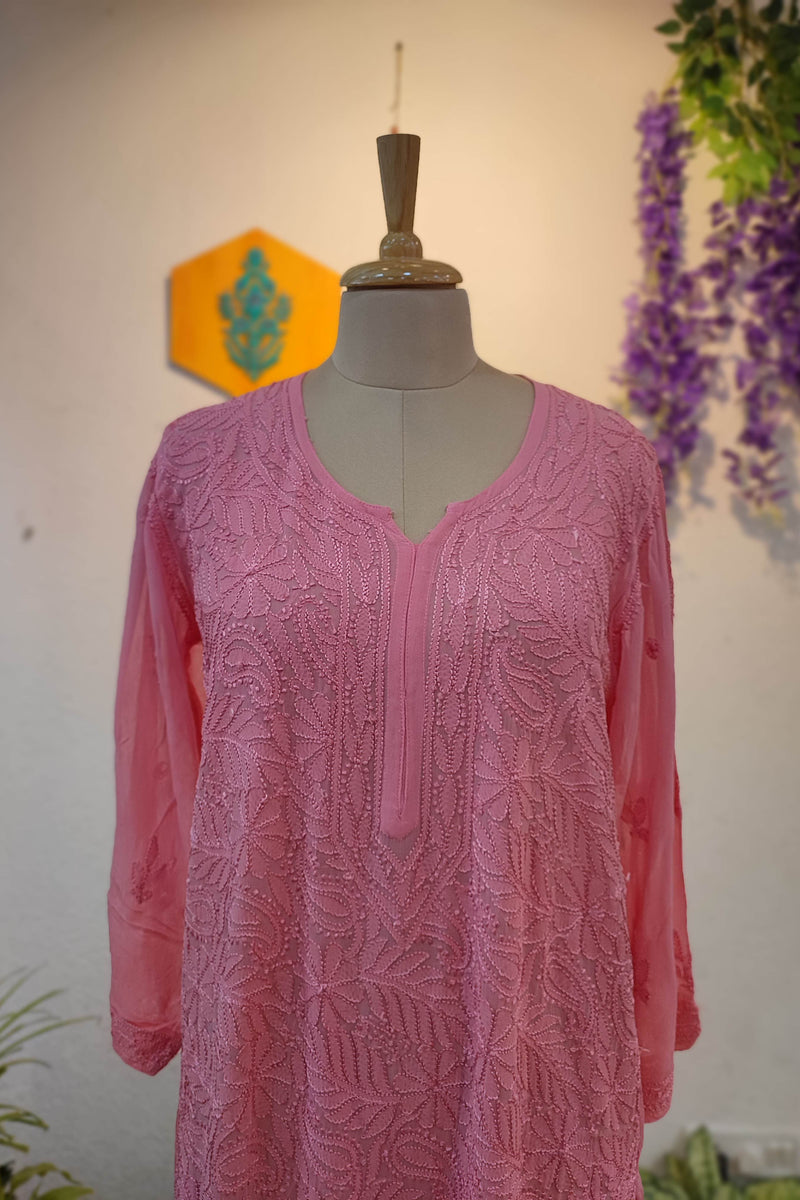 Blush Pink Georgette Silk by Cotton Lucknowi Embroidered Kurta – Elegant Straight Fit