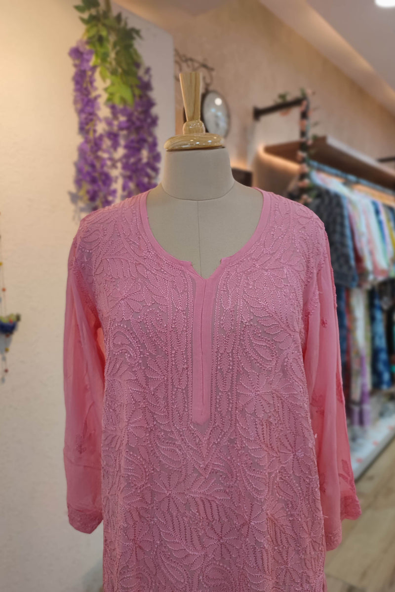 Blush Pink Georgette Silk by Cotton Lucknowi Embroidered Kurta – Elegant Straight Fit