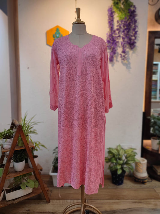 Blush Pink jorjet Silk by Cotton Lucknowi Embroidered Kurta – Elegant Straight Fit