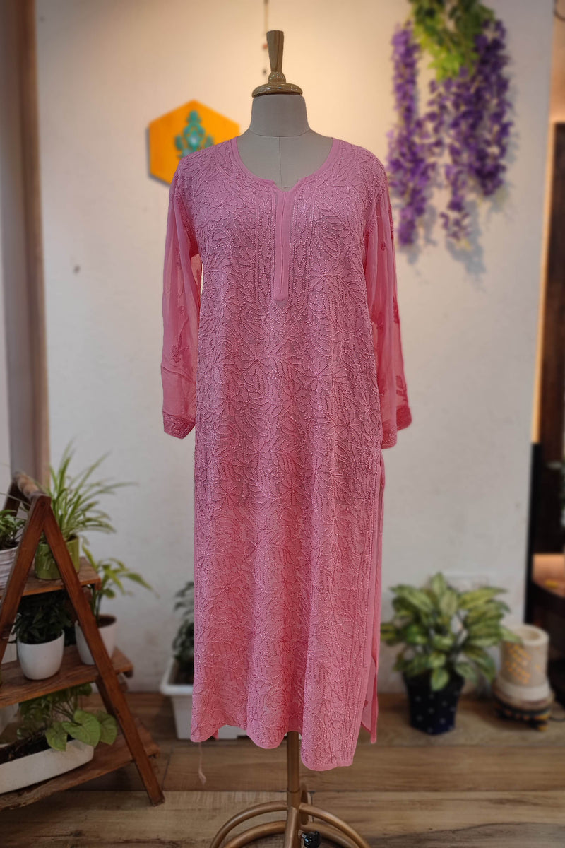 Blush Pink Georgette Silk by Cotton Lucknowi Embroidered Kurta – Elegant Straight Fit
