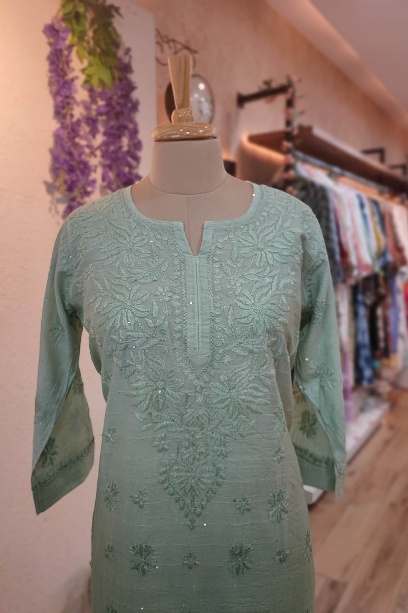 Sage Green Chanderi Silk by Cotton Lucknowi Embroidered Kurta – Straight Fit