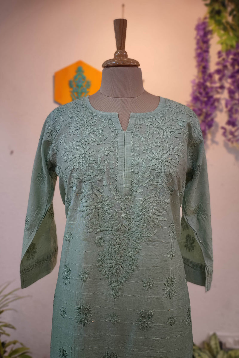Sage Green Chanderi Silk by Cotton Lucknowi Embroidered Kurta – Straight Fit