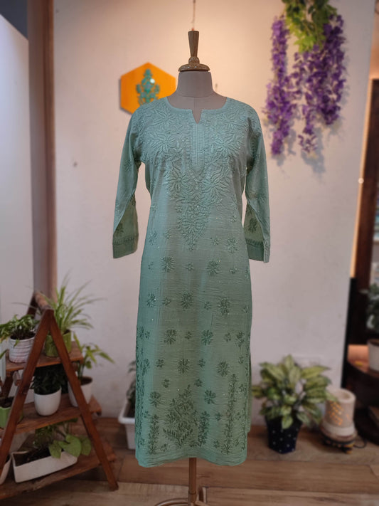 Sage Green Chanderi Silk by Cotton Lucknowi Embroidered Kurta – Straight Fit