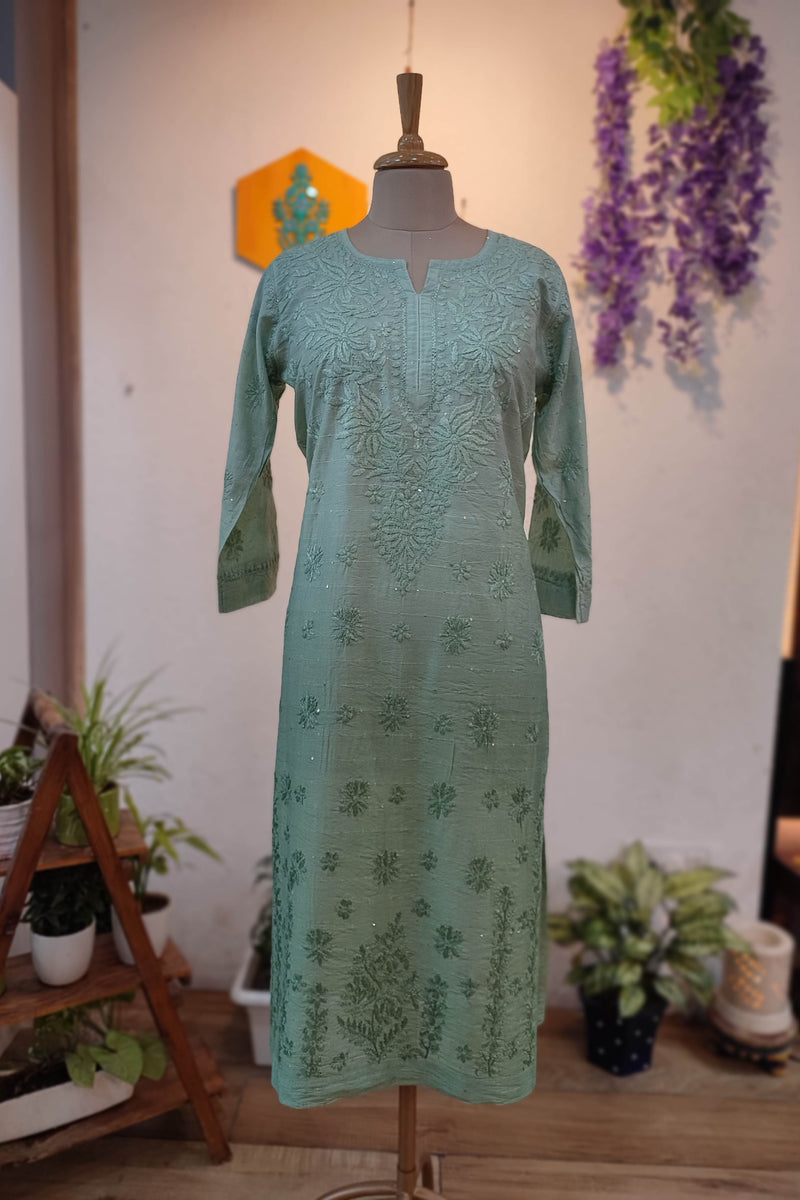 Sage Green Chanderi Silk by Cotton Lucknowi Embroidered Kurta – Straight Fit
