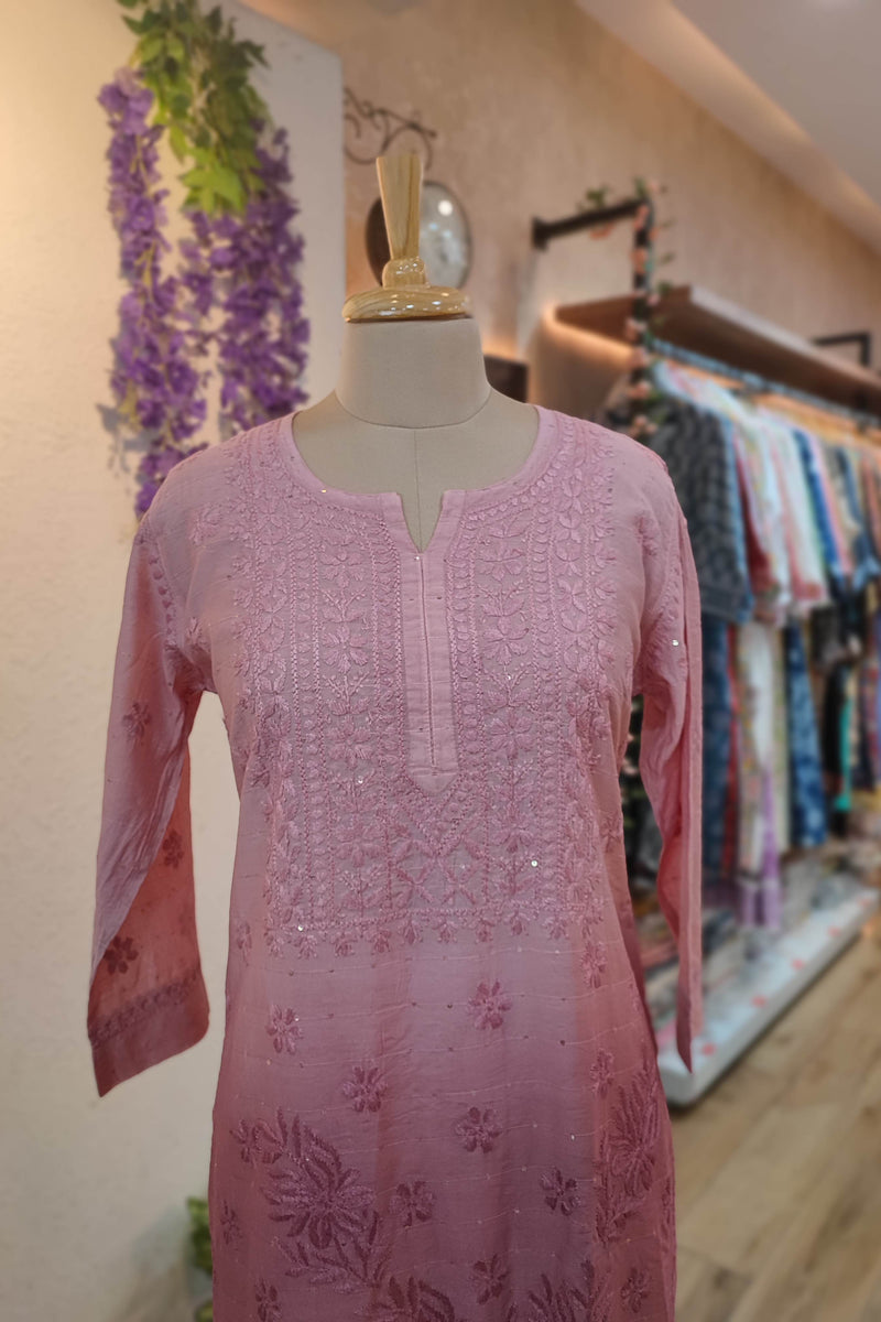Rose Pink Chanderi Silk by Cotton Lucknowi Embroidered Kurta – Straight Fit