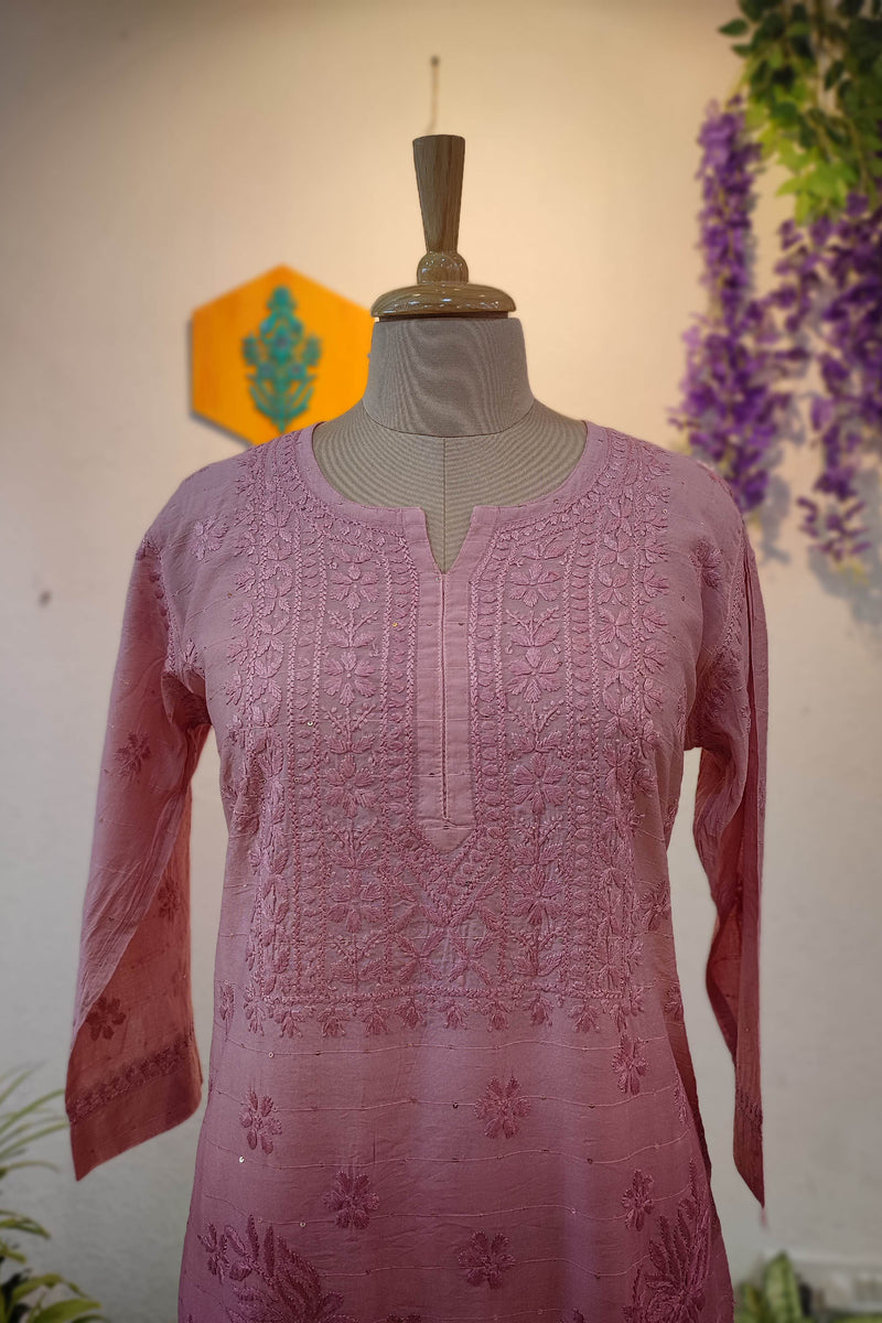 Rose Pink Chanderi Silk by Cotton Lucknowi Embroidered Kurta – Straight Fit