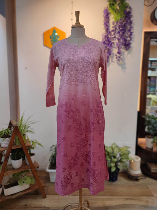 Rose Pink Chanderi Silk by Cotton Lucknowi Embroidered Kurta – Straight Fit