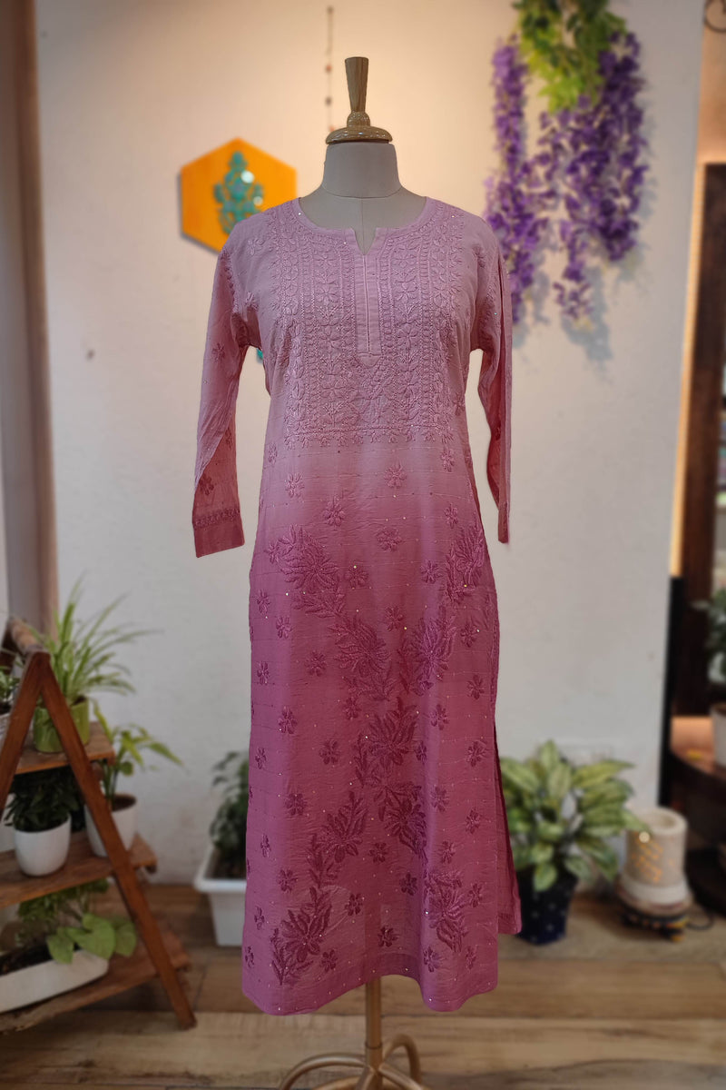 Rose Pink Chanderi Silk by Cotton Lucknowi Embroidered Kurta – Straight Fit