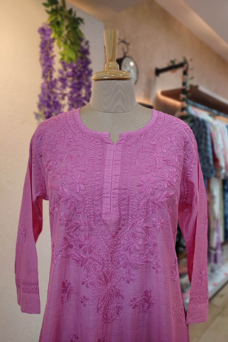 Pink Ombre Chanderi Silk by Cotton Lucknowi Embroidered Kurta – Straight Fit