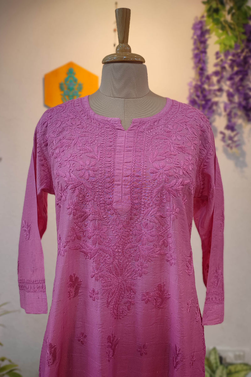 Pink Ombre Chanderi Silk by Cotton Lucknowi Embroidered Kurta – Straight Fit
