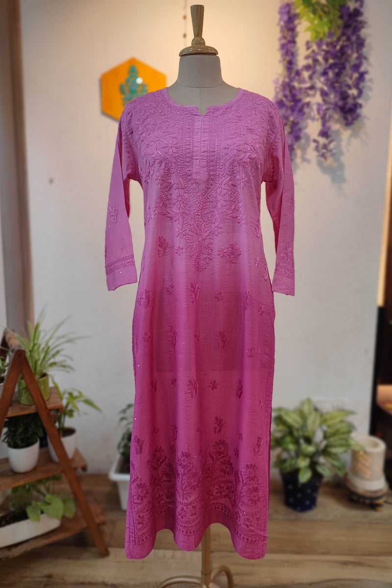Pink Ombre Chanderi Silk by Cotton Lucknowi Embroidered Kurta – Straight Fit