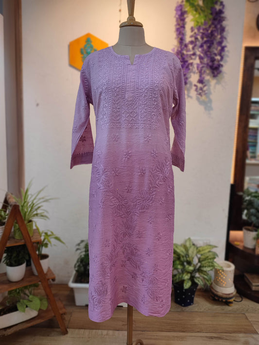 Lavender Chanderi Silk by Cotton Lucknowi Embroidered Kurta – Straight Fit