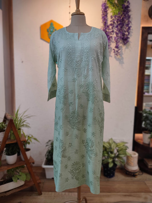 Mint Green Chanderi Silk by Cotton Lucknowi Embroidered Kurta – Straight Fit