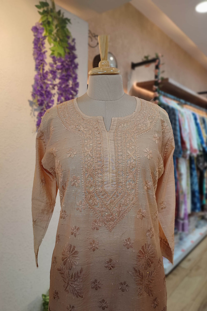 Peach Chanderi Silk by Cotton Lucknowi Embroidered Kurta – Straight Fit