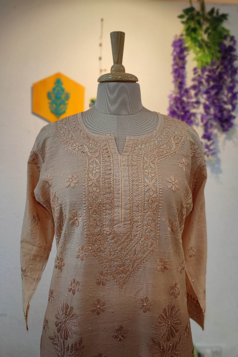 Peach Chanderi Silk by Cotton Lucknowi Embroidered Kurta – Straight Fit