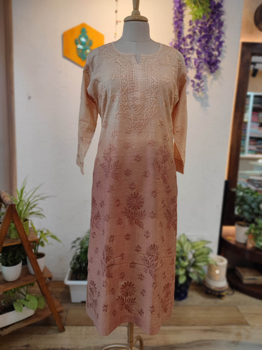 Peach Chanderi Silk by Cotton Lucknowi Embroidered Kurta – Straight Fit