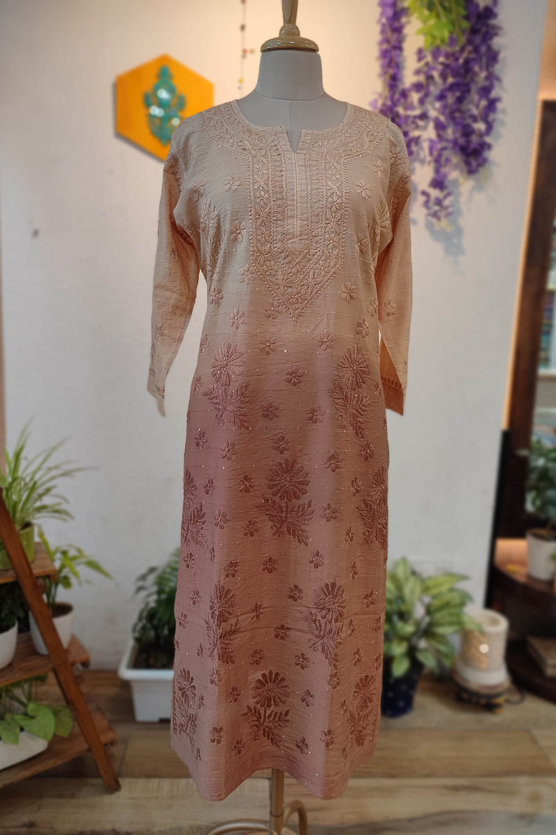 Peach Chanderi Silk by Cotton Lucknowi Embroidered Kurta – Straight Fit