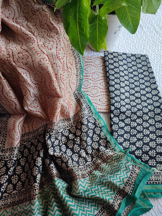 Cream & Indigo Chanderi Silk Unstitched Suit with Chanderi Silk Dupatta & Cotton Bottom