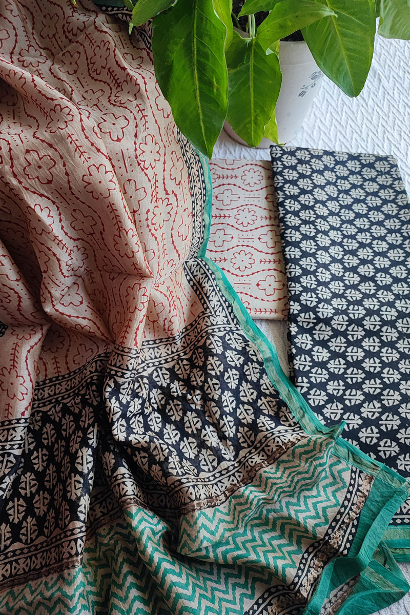 Cream & Indigo Chanderi Silk Unstitched Suit with Chanderi Silk Dupatta & Cotton Bottom