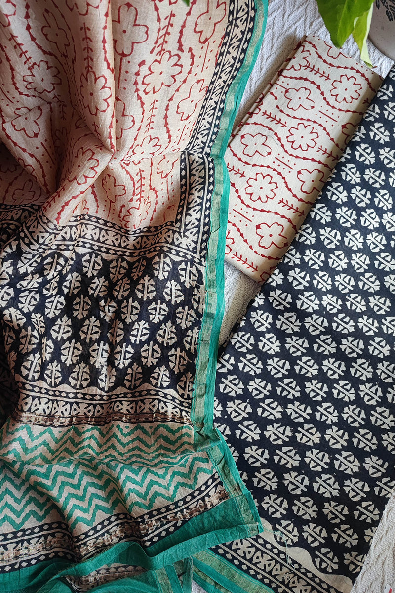 Cream & Indigo Chanderi Silk Unstitched Suit with Chanderi Silk Dupatta & Cotton Bottom