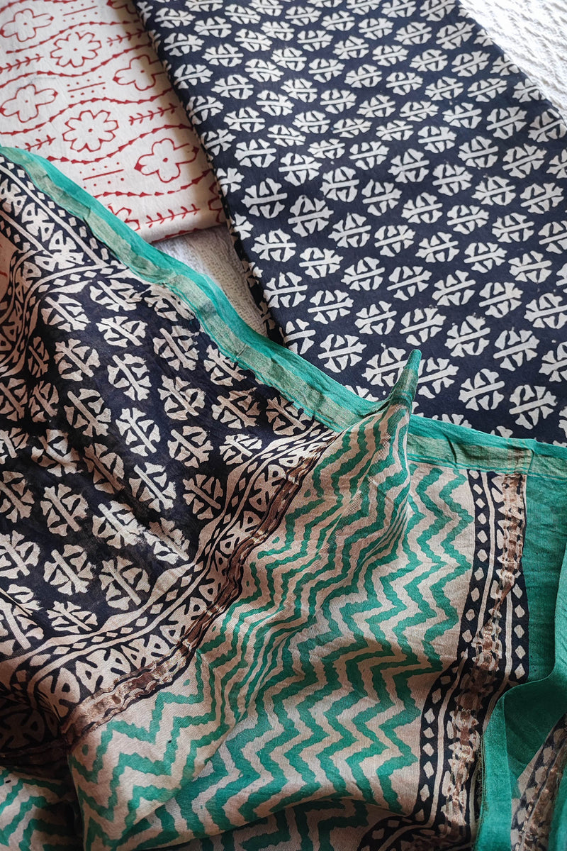 Cream & Indigo Chanderi Silk Unstitched Suit with Chanderi Silk Dupatta & Cotton Bottom