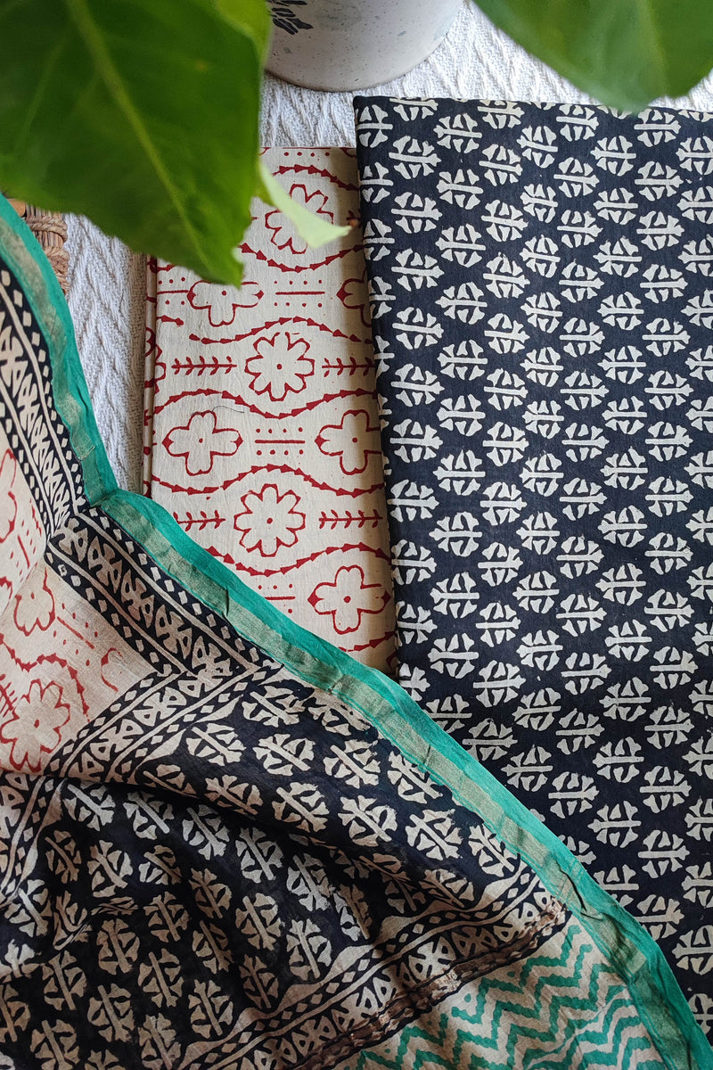 Cream & Indigo Chanderi Silk Unstitched Suit with Chanderi Silk Dupatta & Cotton Bottom