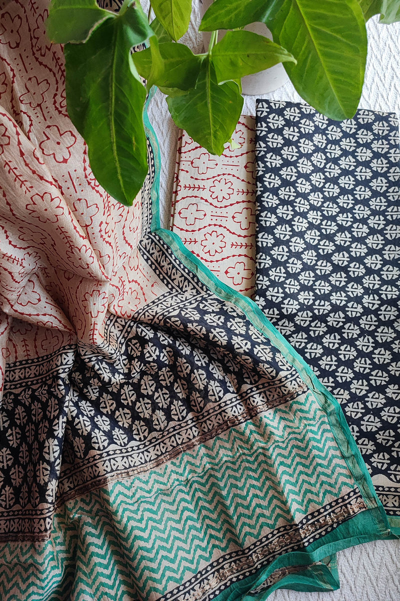 Cream & Indigo Chanderi Silk Unstitched Suit with Chanderi Silk Dupatta & Cotton Bottom