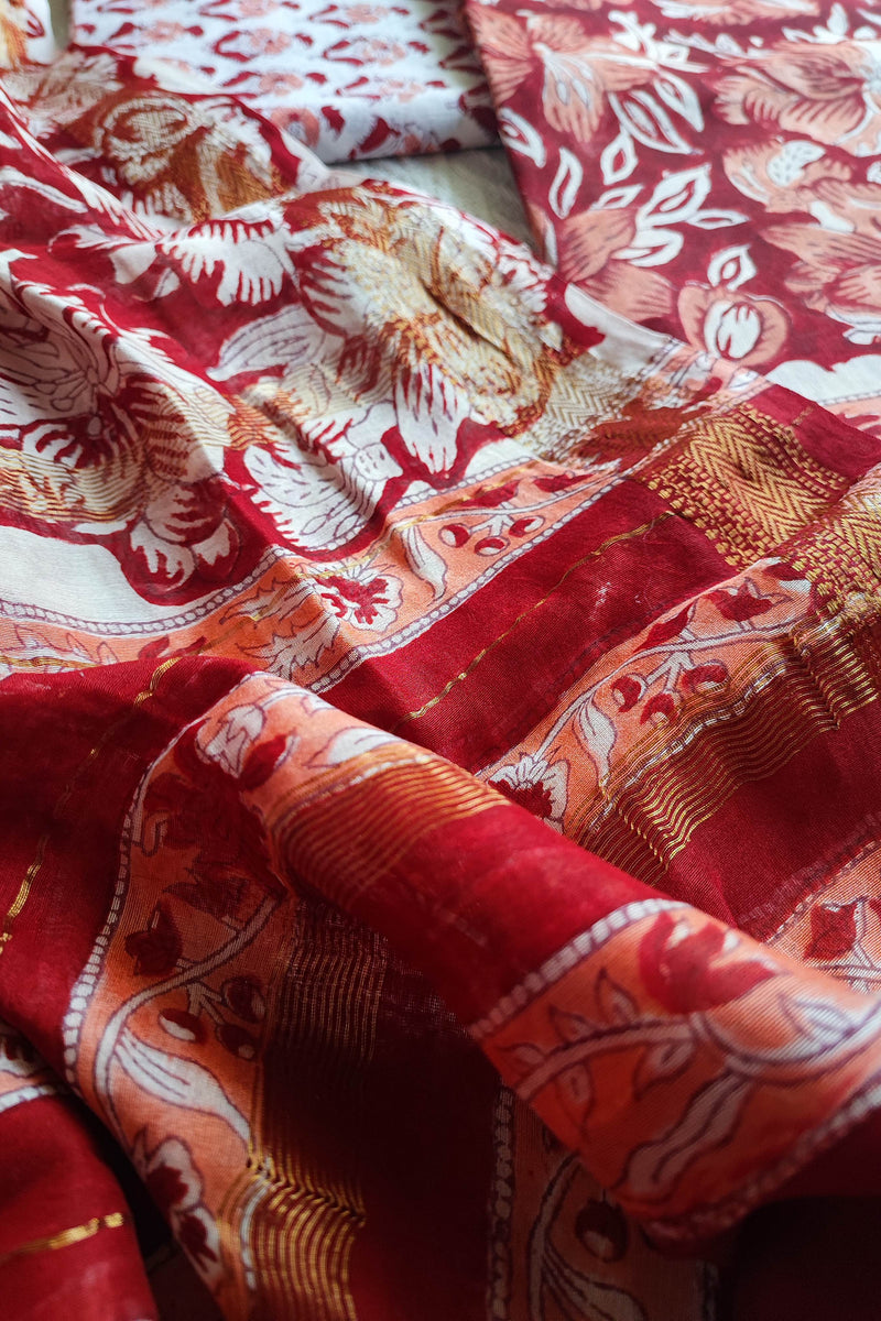 Red Floral Chanderi Silk Unstitched Suit with Chanderi Silk Dupatta & Cotton Bottom – Statement Ethnic Set