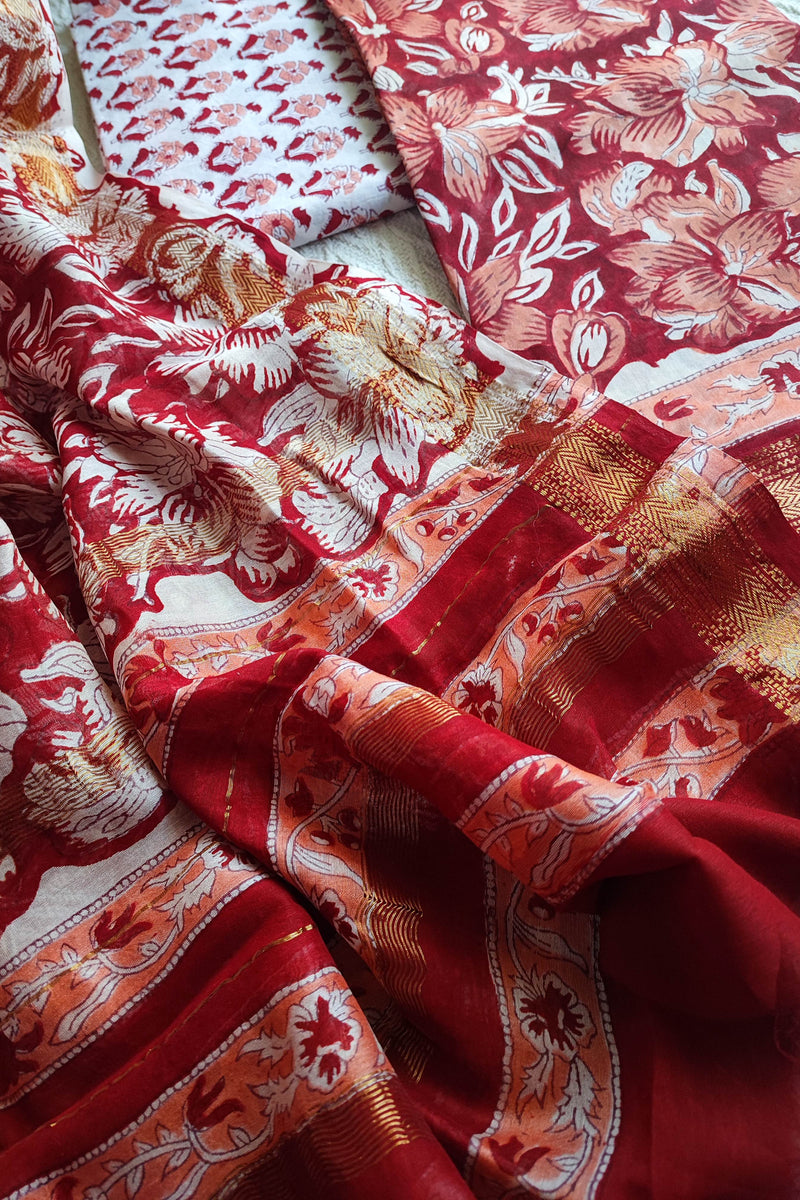 Red Floral Chanderi Silk Unstitched Suit with Chanderi Silk Dupatta & Cotton Bottom – Statement Ethnic Set
