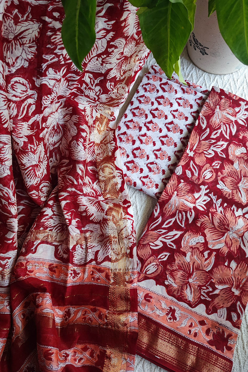 Red Floral Chanderi Silk Unstitched Suit with Chanderi Silk Dupatta & Cotton Bottom – Statement Ethnic Set