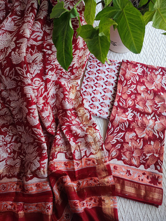 Red Floral Chanderi Silk Unstitched Suit with Chanderi Silk Dupatta & Cotton Bottom – Statement Ethnic Set