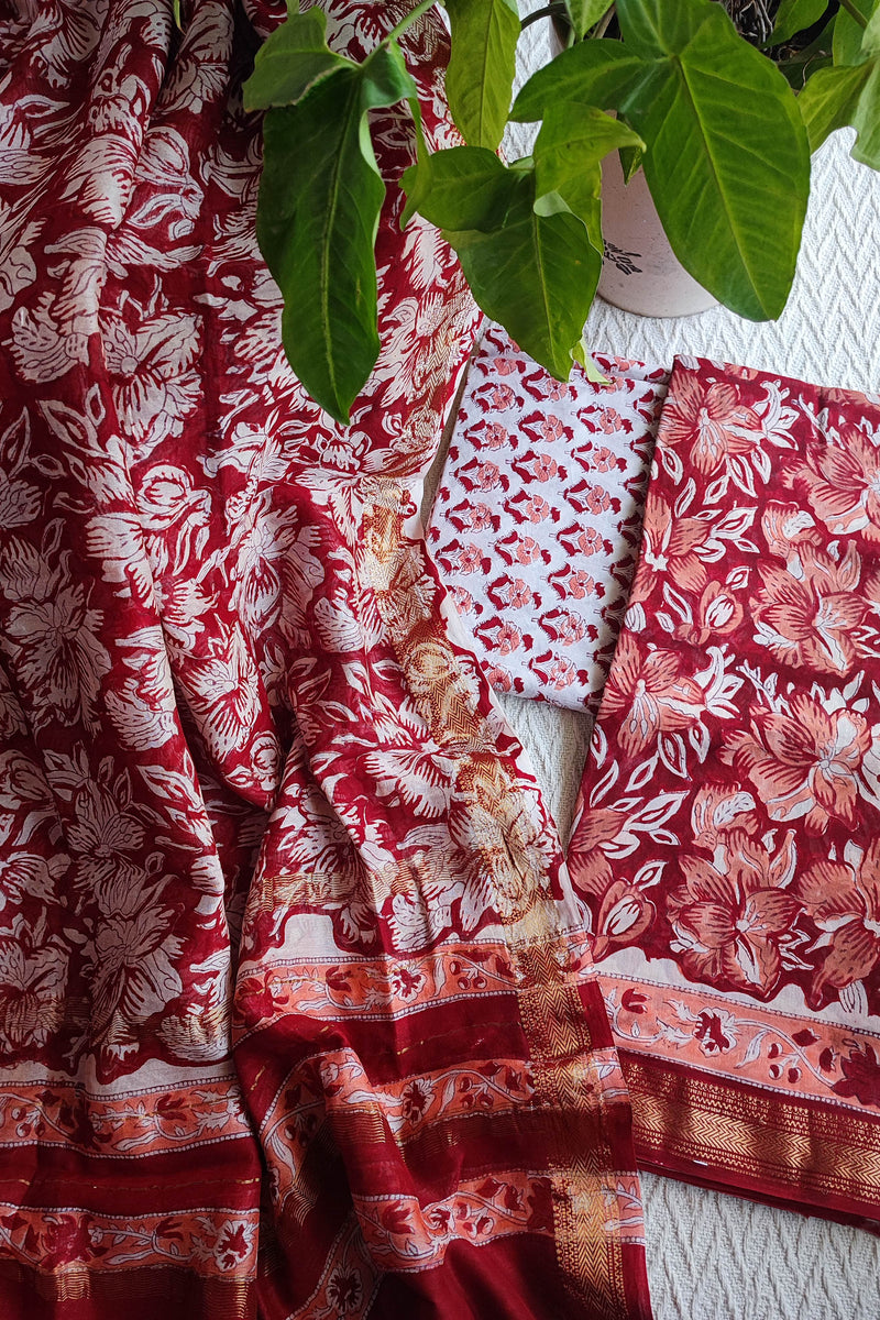 Red Floral Chanderi Silk Unstitched Suit with Chanderi Silk Dupatta & Cotton Bottom – Statement Ethnic Set