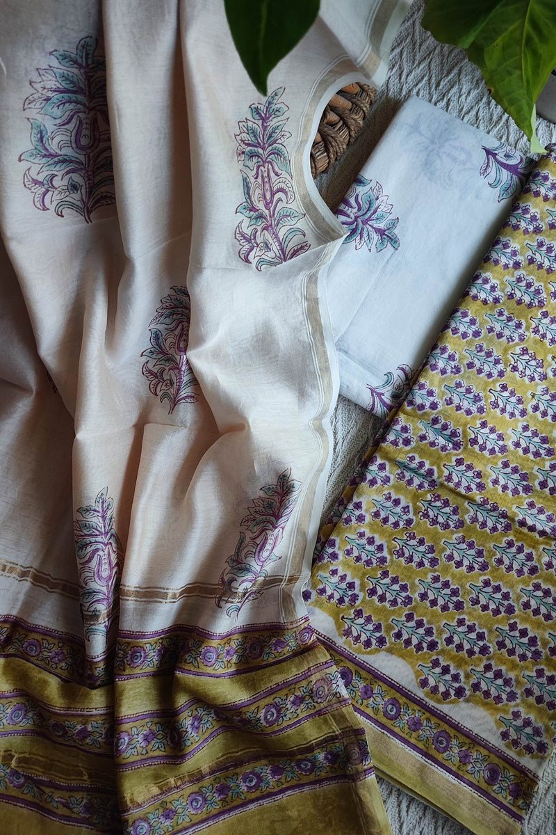 Ivory & Mustard Chanderi Silk Unstitched Suit with Chanderi Silk Dupatta & Cotton Bottom – Classic Floral Set